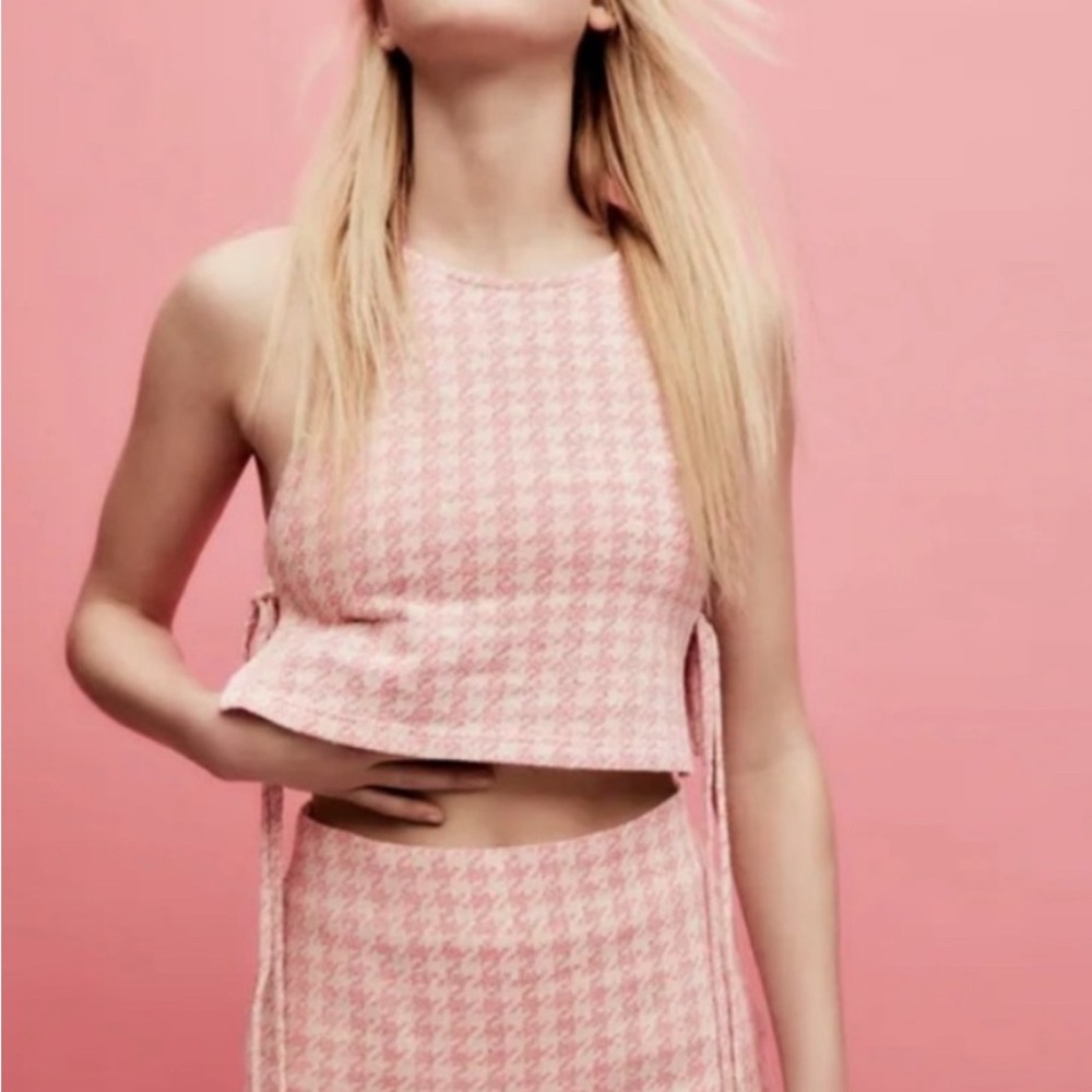 Pink Houndstooth Crop Top and Skirt Set